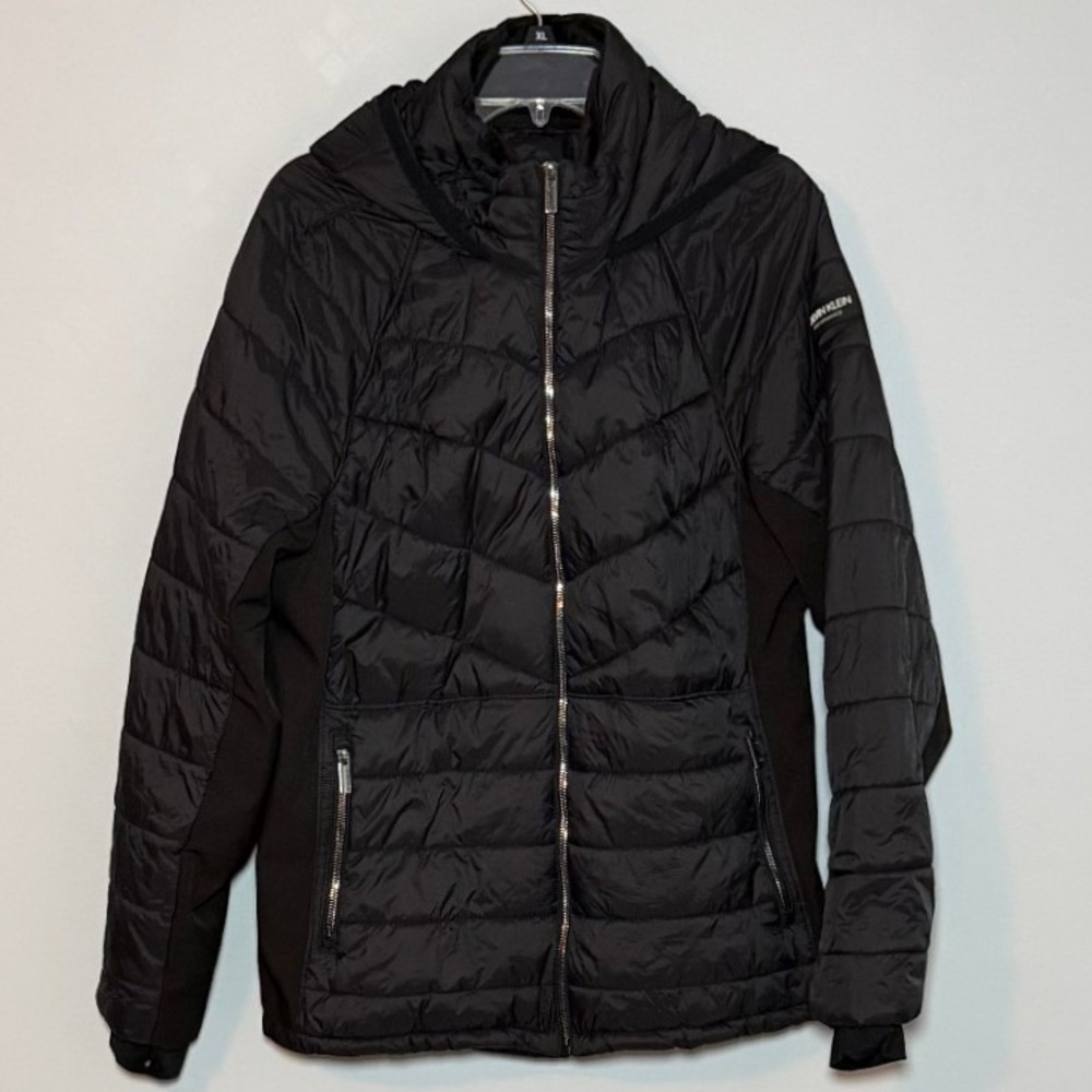 Calvin Klein Performance Womens 1X Black Puffer Jacket Hooded Hybrid Repel Zip